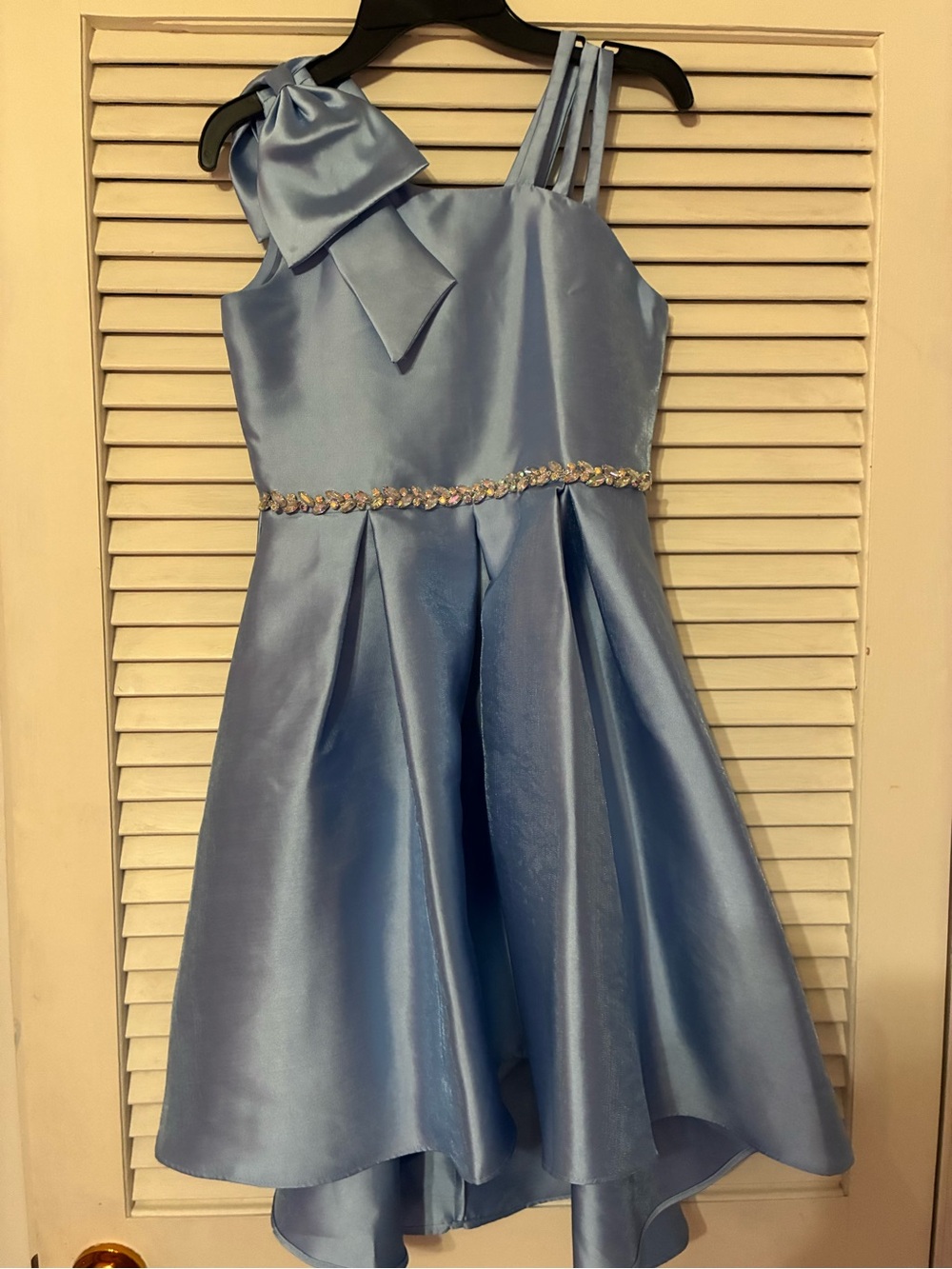 Rare Editions Girls' Light Blue Satin Party Dress with Bow and Gem Waistband